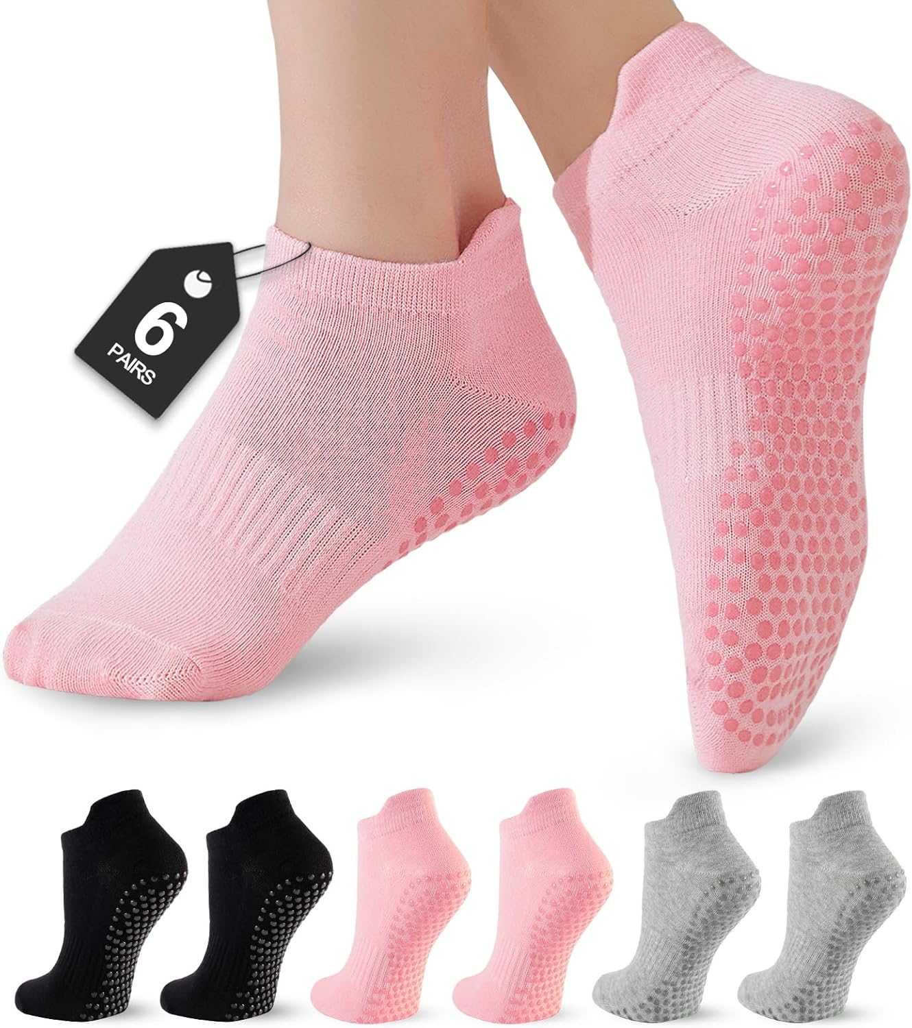 6 Pairs Pilates Socks for Women, Grip Yoga Crew Socks, Non Slip Grippy for Barre, Ballet, Dance & Hospital