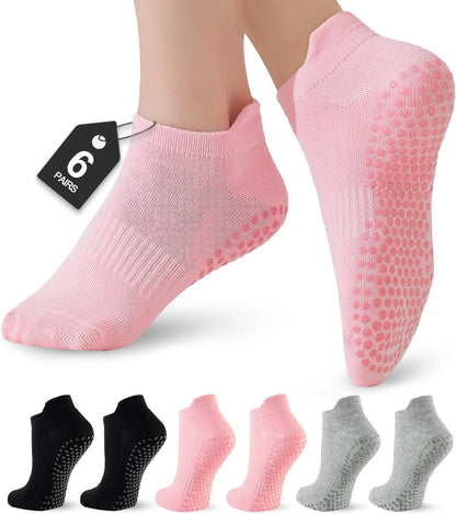 6 Pairs Pilates Socks for Women, Grip Yoga Crew Socks, Non Slip Grippy for Barre, Ballet, Dance & Hospital