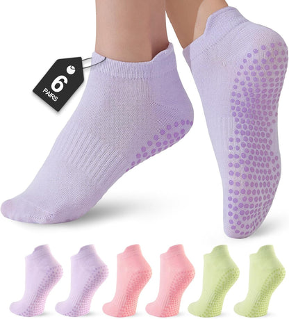 6 Pairs Pilates Socks for Women, Grip Yoga Crew Socks, Non Slip Grippy for Barre, Ballet, Dance & Hospital