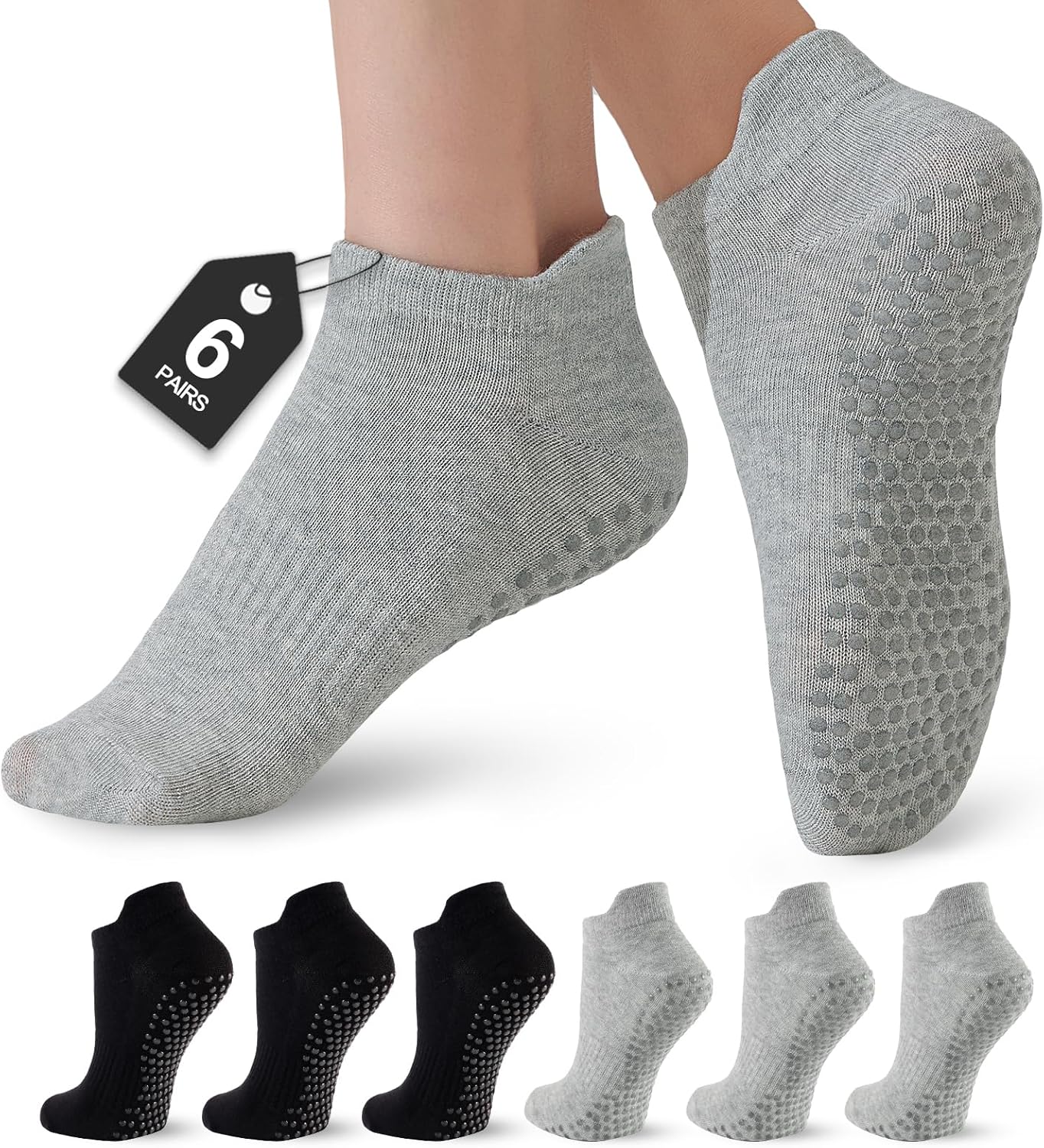 6 Pairs Pilates Socks for Women, Grip Yoga Crew Socks, Non Slip Grippy for Barre, Ballet, Dance & Hospital