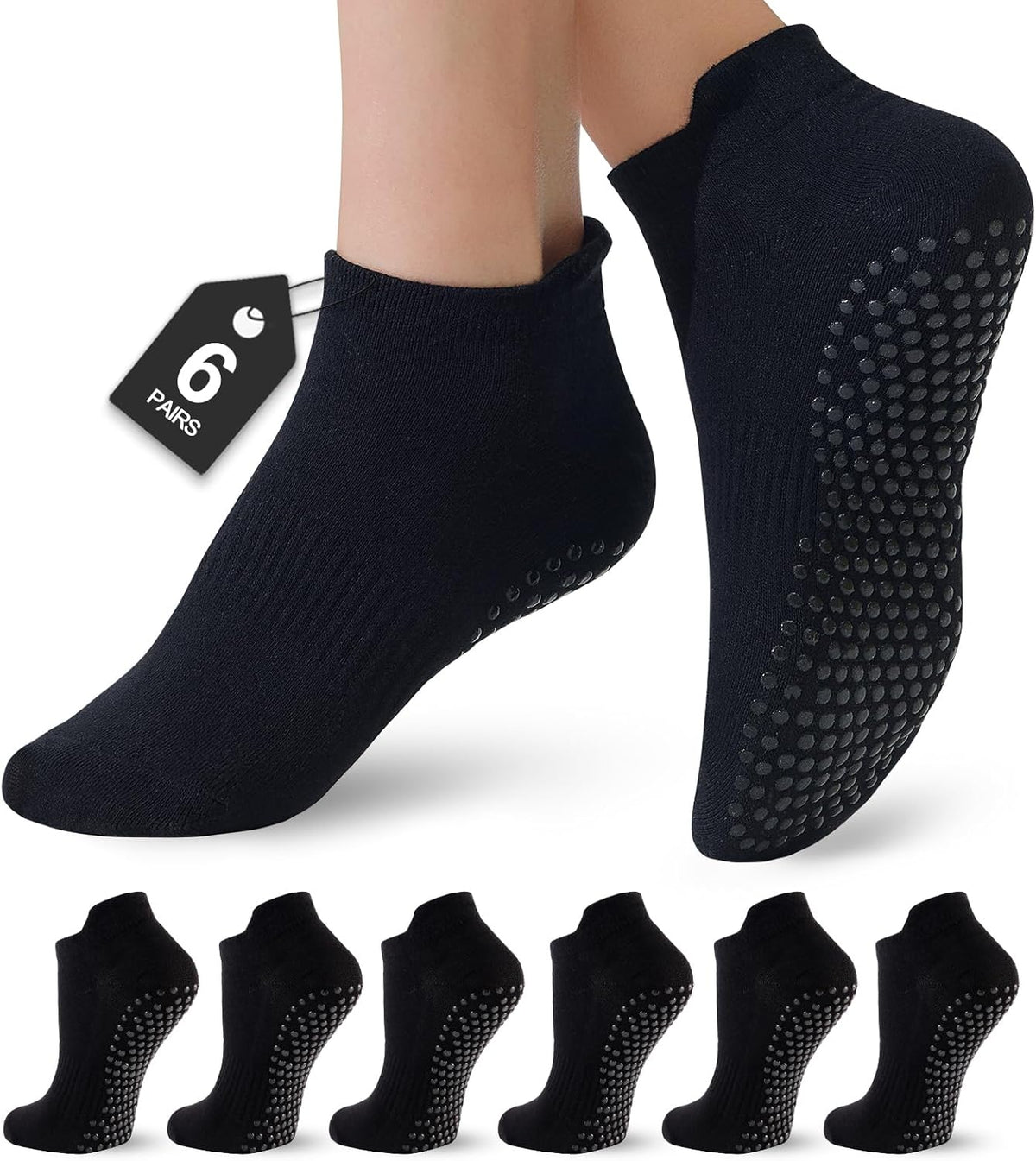 6 Pairs Pilates Socks for Women, Grip Yoga Crew Socks, Non Slip Grippy for Barre, Ballet, Dance & Hospital