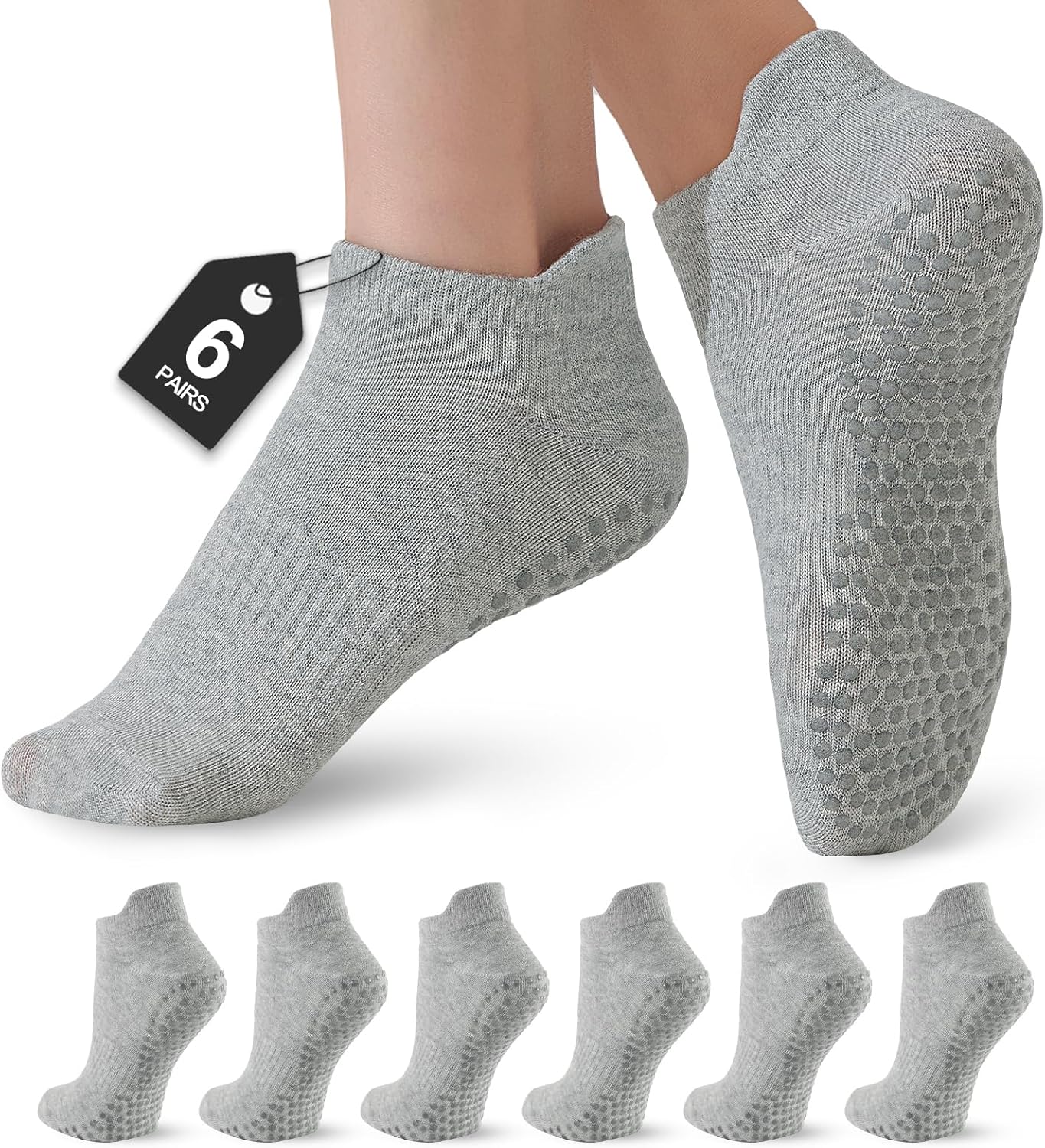 6 Pairs Pilates Socks for Women, Grip Yoga Crew Socks, Non Slip Grippy for Barre, Ballet, Dance & Hospital