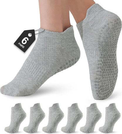 6 Pairs Pilates Socks for Women, Grip Yoga Crew Socks, Non Slip Grippy for Barre, Ballet, Dance & Hospital