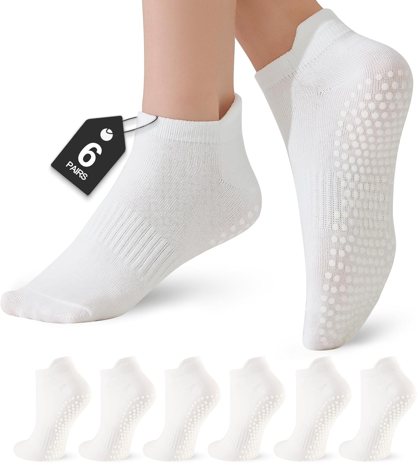 6 Pairs Pilates Socks for Women, Grip Yoga Crew Socks, Non Slip Grippy for Barre, Ballet, Dance & Hospital
