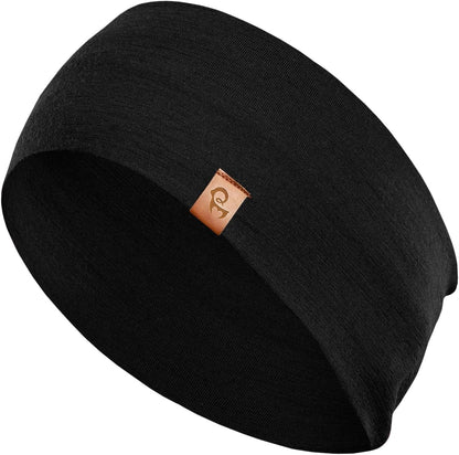 100% Merino Wool Headband for Women Non Slip Stretchy Workout Sweatband Moisture Wicking Breathable Wide Hairband for Running Hiking Sport Gym Yoga Nurse Fashion (Black, One Size)