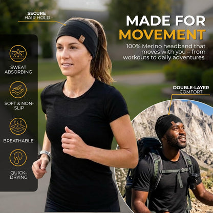 100% Merino Wool Headband for Women Non Slip Stretchy Workout Sweatband Moisture Wicking Breathable Wide Hairband for Running Hiking Sport Gym Yoga Nurse Fashion (Black, One Size)
