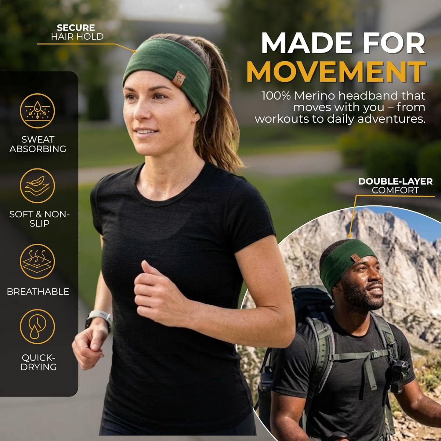 100% Merino Wool Headband for Women Non Slip Stretchy Workout Sweatband Moisture Wicking Breathable Wide Hairband for Running Hiking Sport Gym Yoga Nurse Fashion (Black, One Size)