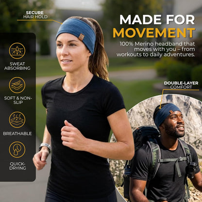 100% Merino Wool Headband for Women Non Slip Stretchy Workout Sweatband Moisture Wicking Breathable Wide Hairband for Running Hiking Sport Gym Yoga Nurse Fashion (Black, One Size)