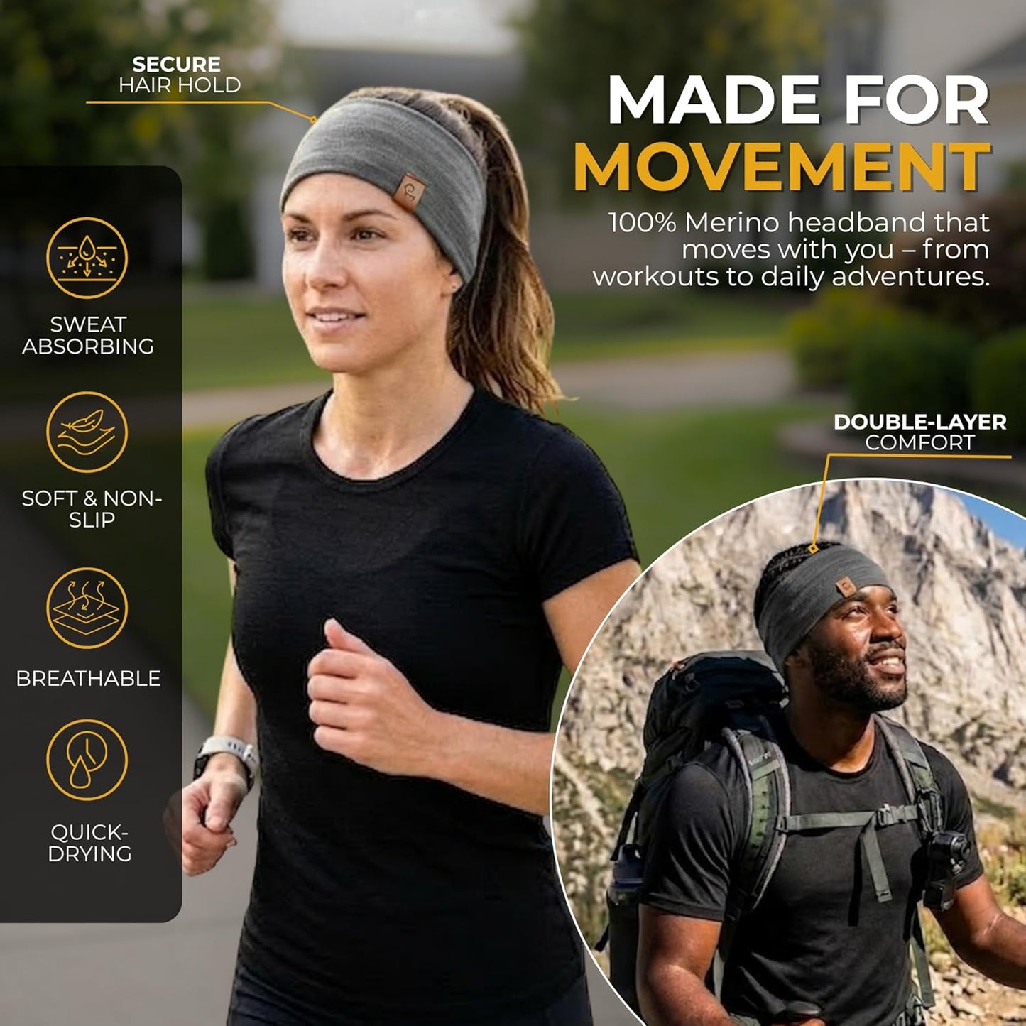 100% Merino Wool Headband for Women Non Slip Stretchy Workout Sweatband Moisture Wicking Breathable Wide Hairband for Running Hiking Sport Gym Yoga Nurse Fashion (Black, One Size)
