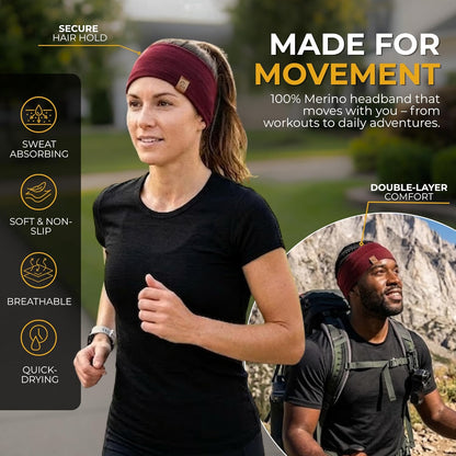 100% Merino Wool Headband for Women Non Slip Stretchy Workout Sweatband Moisture Wicking Breathable Wide Hairband for Running Hiking Sport Gym Yoga Nurse Fashion (Black, One Size)