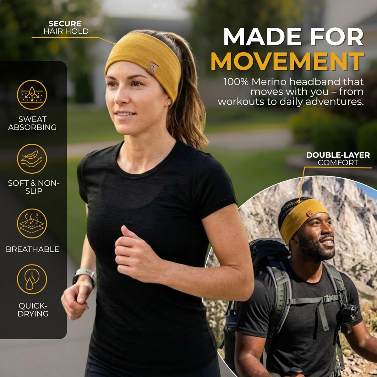 100% Merino Wool Headband for Women Non Slip Stretchy Workout Sweatband Moisture Wicking Breathable Wide Hairband for Running Hiking Sport Gym Yoga Nurse Fashion (Black, One Size)