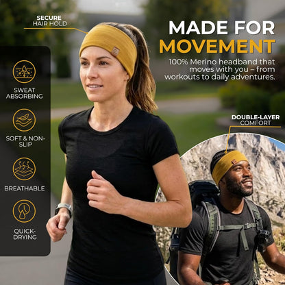 100% Merino Wool Headband for Women Non Slip Stretchy Workout Sweatband Moisture Wicking Breathable Wide Hairband for Running Hiking Sport Gym Yoga Nurse Fashion (Black, One Size)