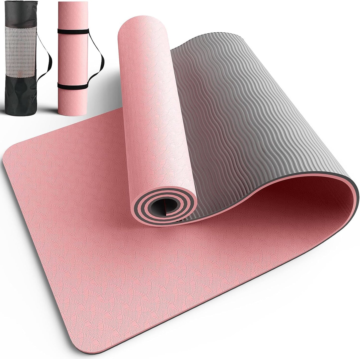 Non Slip Yoga Mat, TPE, 72" x 24" x 0.24", Pilates | Workouts, Exercise, Core Training, Dual-Sided Texture, Stays Flat, Portable, With Strap & Carry Bag