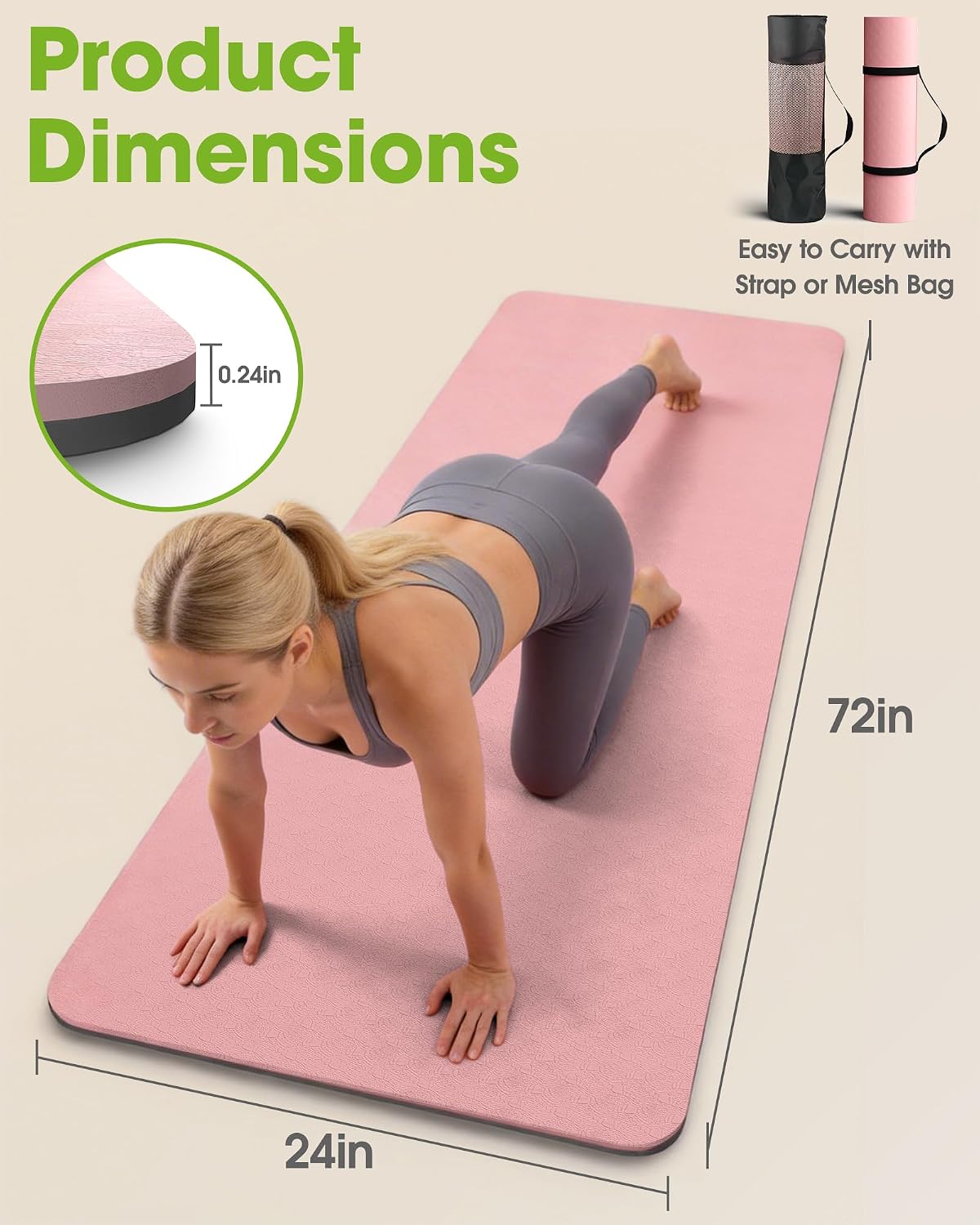 Non Slip Yoga Mat, TPE, 72" x 24" x 0.24", Pilates | Workouts, Exercise, Core Training, Dual-Sided Texture, Stays Flat, Portable, With Strap & Carry Bag