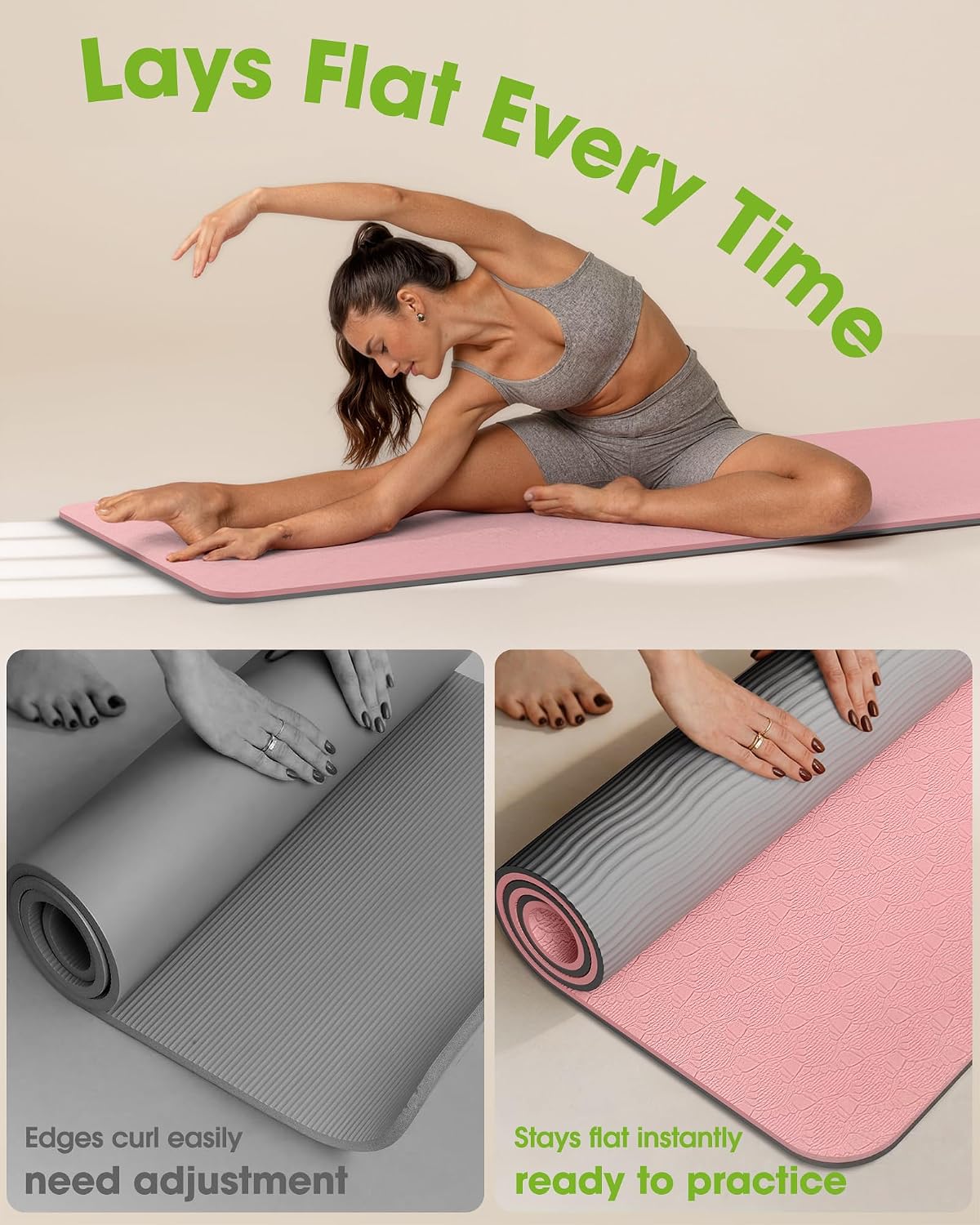 Non Slip Yoga Mat, TPE, 72" x 24" x 0.24", Pilates | Workouts, Exercise, Core Training, Dual-Sided Texture, Stays Flat, Portable, With Strap & Carry Bag