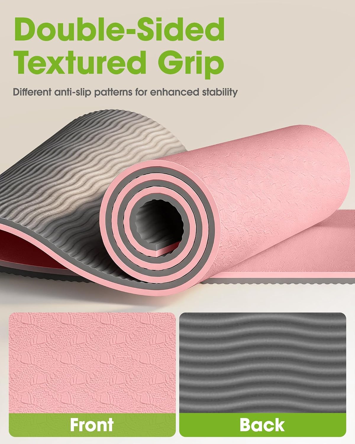 Non Slip Yoga Mat, TPE, 72" x 24" x 0.24", Pilates | Workouts, Exercise, Core Training, Dual-Sided Texture, Stays Flat, Portable, With Strap & Carry Bag