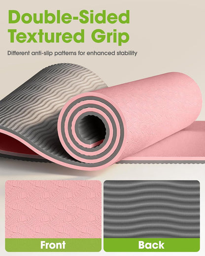 Non Slip Yoga Mat, TPE, 72" x 24" x 0.24", Pilates | Workouts, Exercise, Core Training, Dual-Sided Texture, Stays Flat, Portable, With Strap & Carry Bag