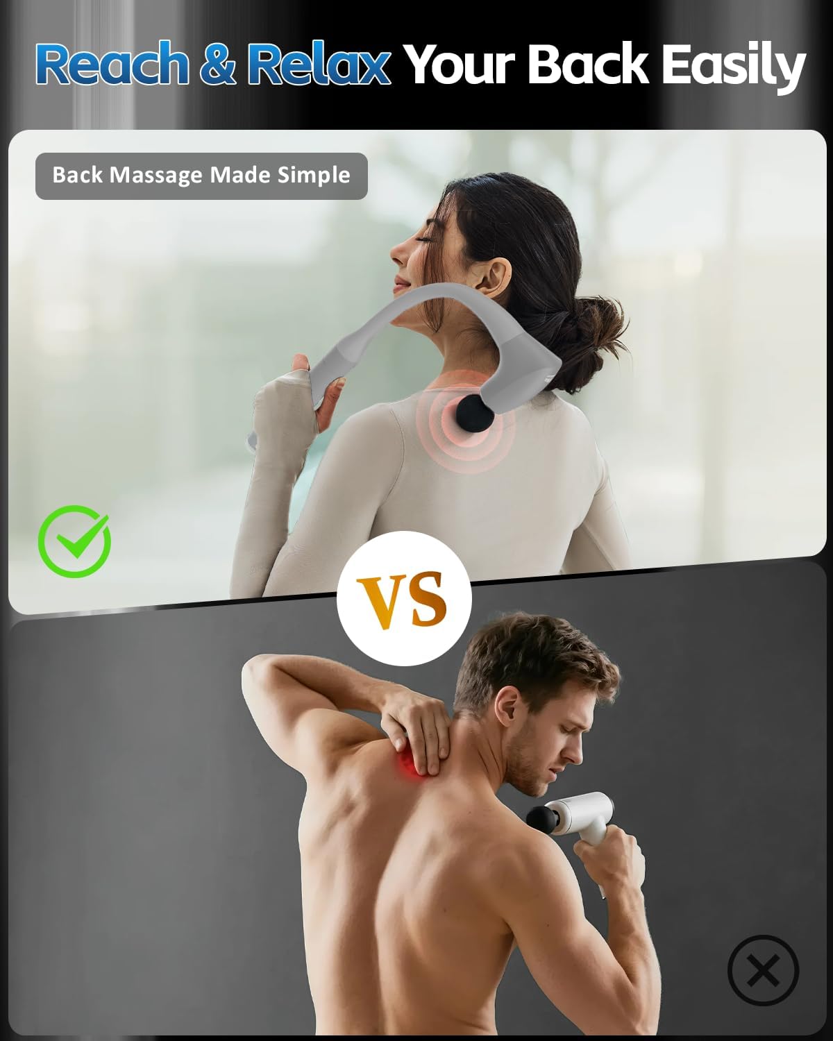 2-in-1 Detachable Percussion Massage Gun with Extension Handle, Back Massager for Pain Relief Deep Tissue Muscle Massager for Arm Shoulder Lower Back Thigh Waist,Gifts for Women Men, FSA-HSA Eligible