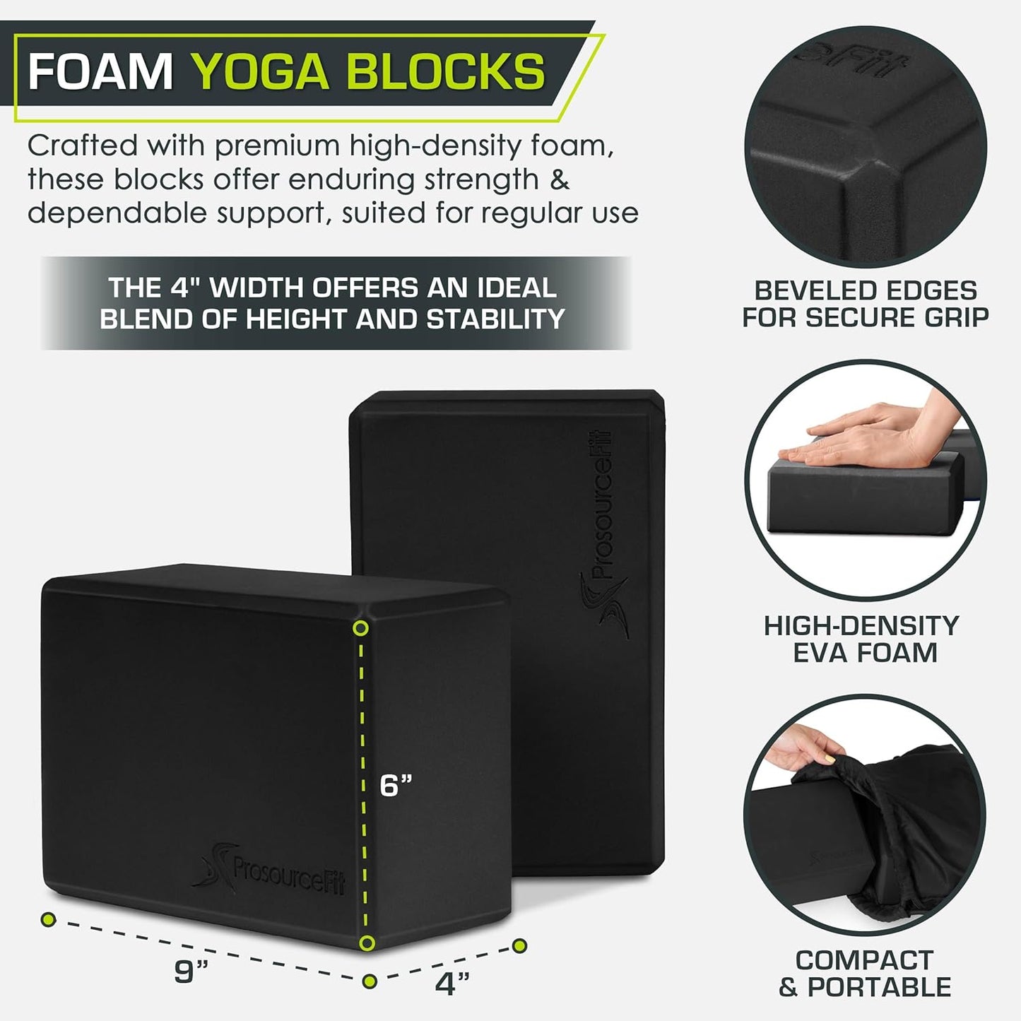 Foam Yoga Blocks, High Density EVA Yoga Bricks 4”x 6” x 9” (Set of 2)