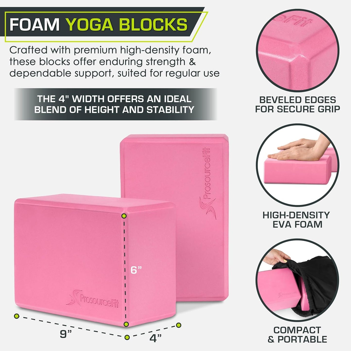 Foam Yoga Blocks, High Density EVA Yoga Bricks 4”x 6” x 9” (Set of 2)