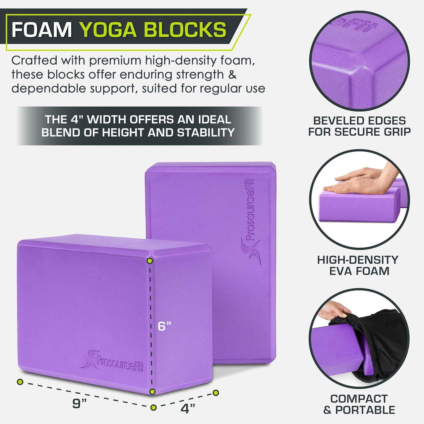 Foam Yoga Blocks, High Density EVA Yoga Bricks 4”x 6” x 9” (Set of 2)