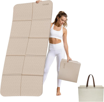 Foldable Yoga Mat,（75"x31.5"）Extra Large Travel Mat | Extra Wide&Long Exercise Mat with Storage Pouch, Fits Suitcase&Backpack, Easy To Store, 6mm POE Non-Slip for Pilates, Outdoor