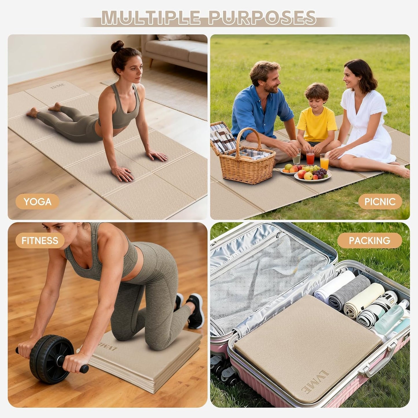 Foldable Yoga Mat,（75"x31.5"）Extra Large Travel Mat | Extra Wide&Long Exercise Mat with Storage Pouch, Fits Suitcase&Backpack, Easy To Store, 6mm POE Non-Slip for Pilates, Outdoor