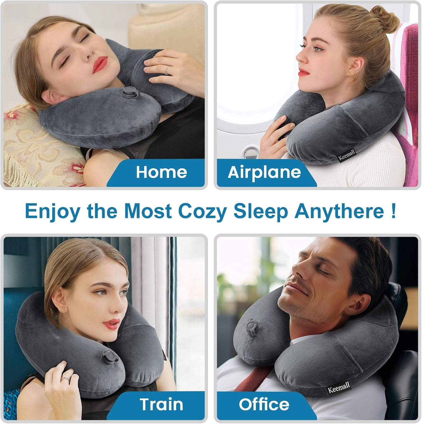 Portable Inflatable Travel Neck Pillow for Airplane, Car & Office