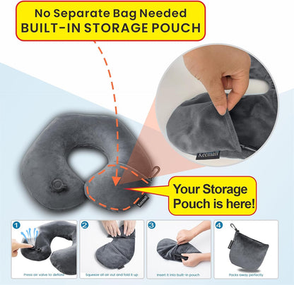 Portable Inflatable Travel Neck Pillow for Airplane, Car & Office