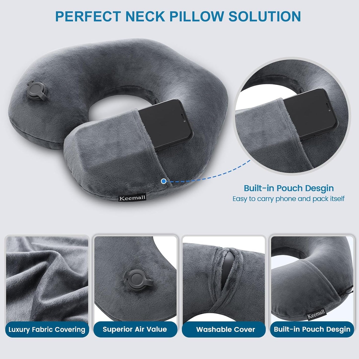 Portable Inflatable Travel Neck Pillow for Airplane, Car & Office