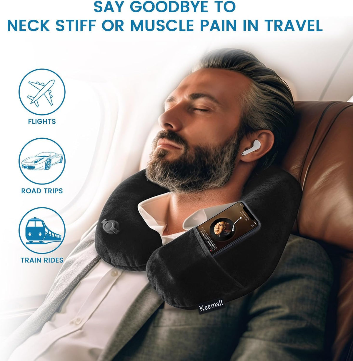 Portable Inflatable Travel Neck Pillow for Airplane, Car & Office
