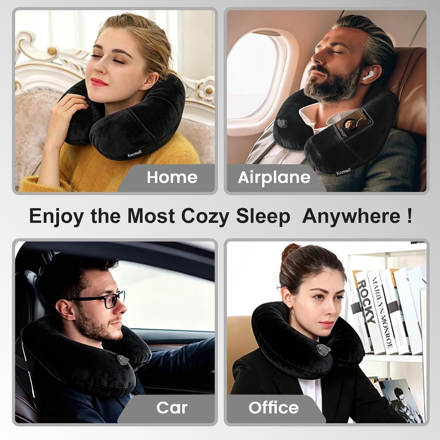 Portable Inflatable Travel Neck Pillow for Airplane, Car & Office