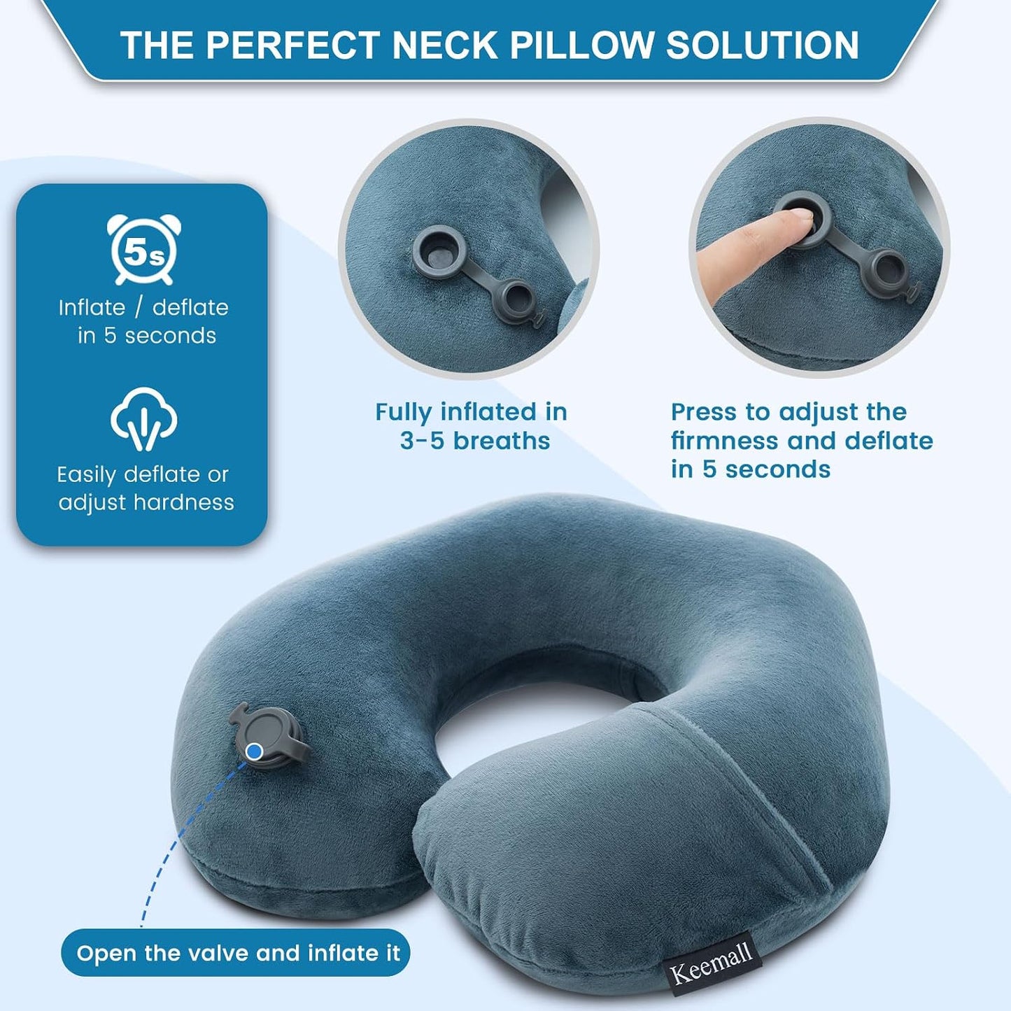 Portable Inflatable Travel Neck Pillow for Airplane, Car & Office
