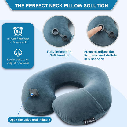 Portable Inflatable Travel Neck Pillow for Airplane, Car & Office