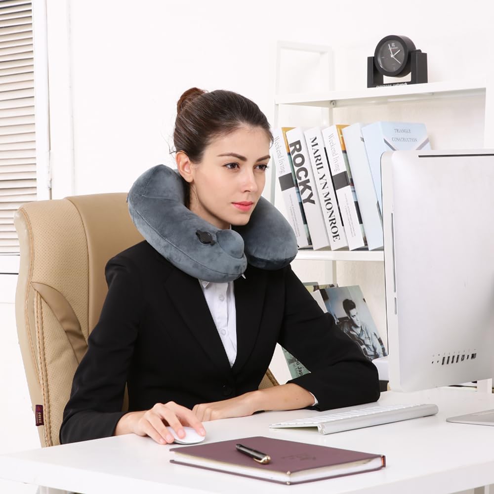 Portable Inflatable Travel Neck Pillow for Airplane, Car & Office