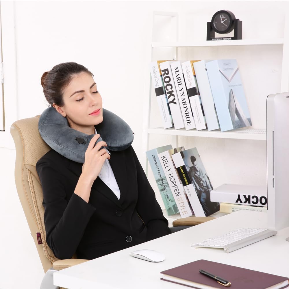 Portable Inflatable Travel Neck Pillow for Airplane, Car & Office