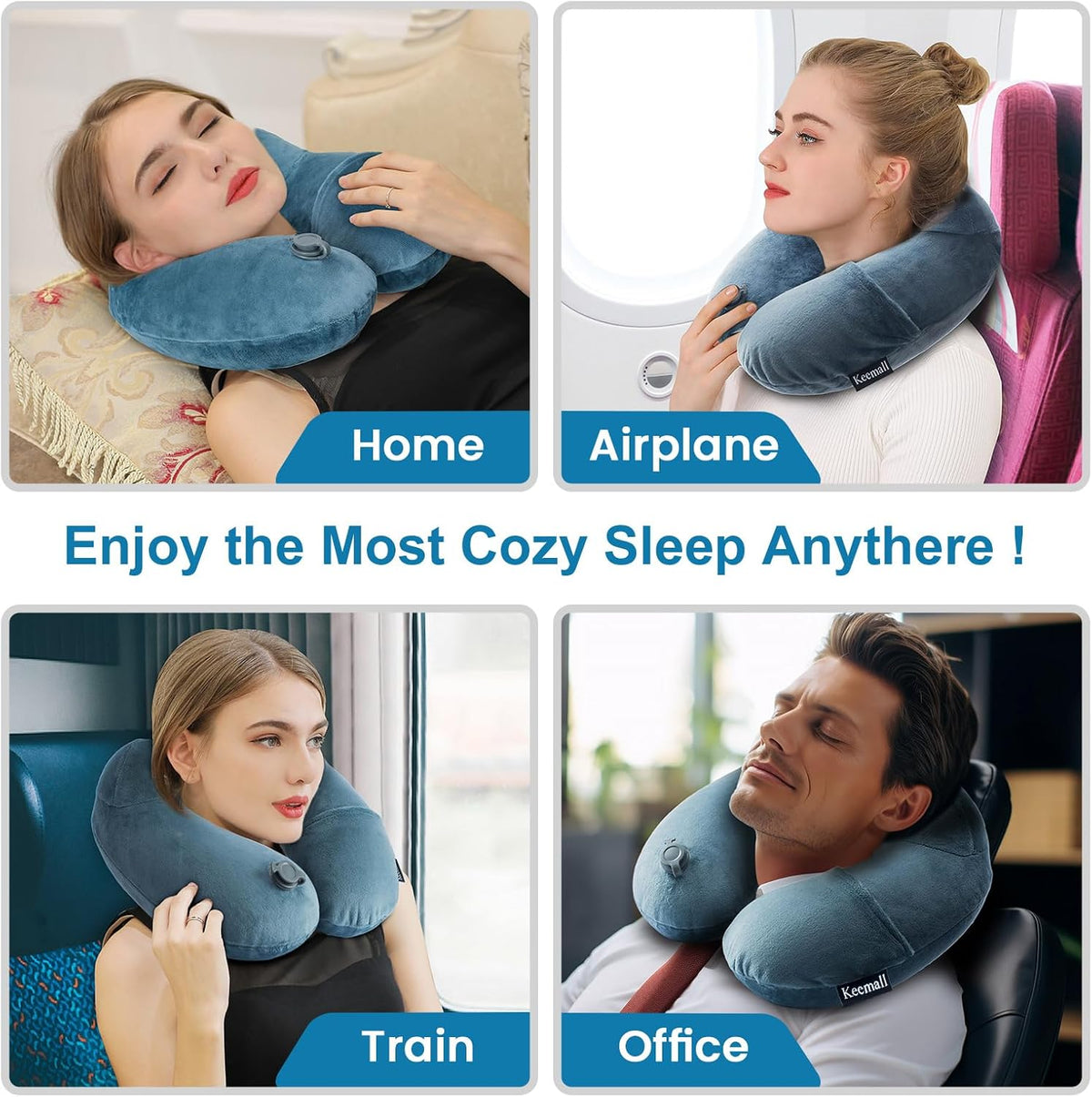 Portable Inflatable Travel Neck Pillow for Airplane, Car & Office