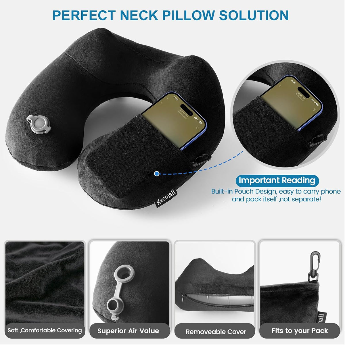 Portable Inflatable Travel Neck Pillow for Airplane, Car & Office
