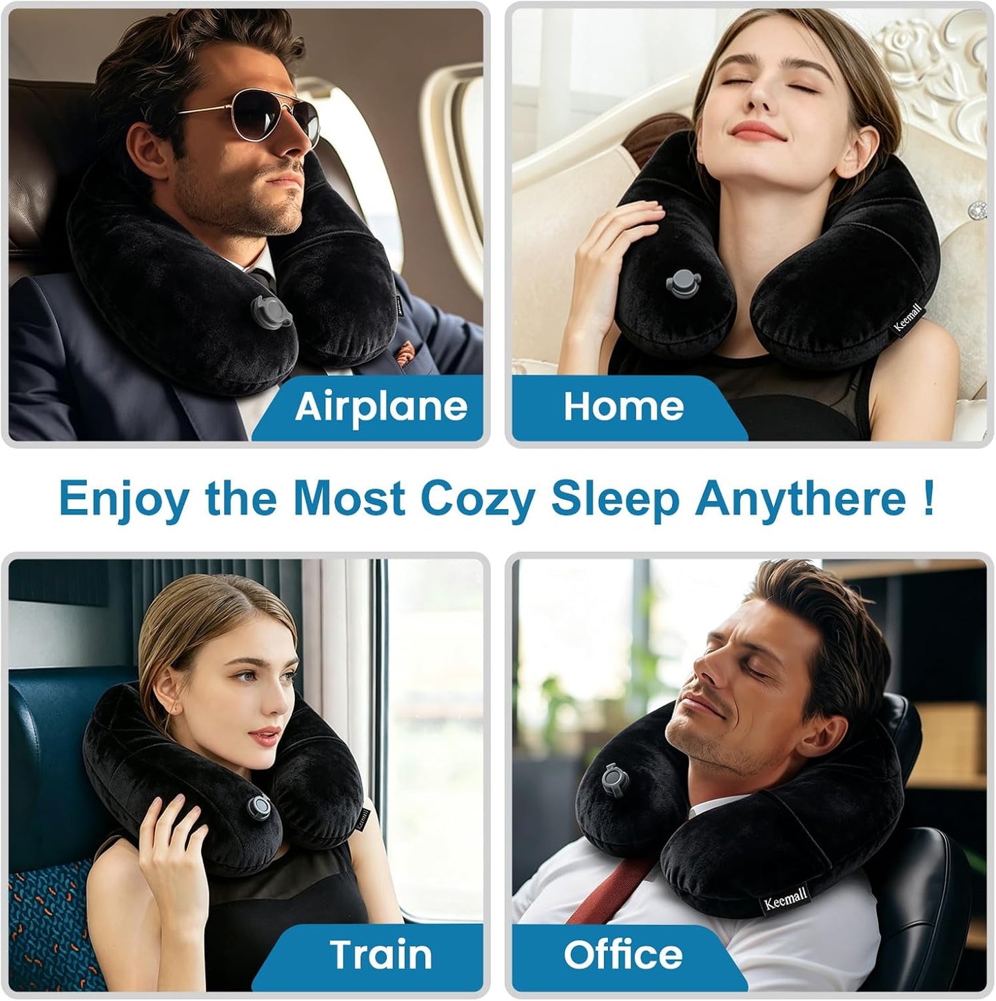 Portable Inflatable Travel Neck Pillow for Airplane, Car & Office