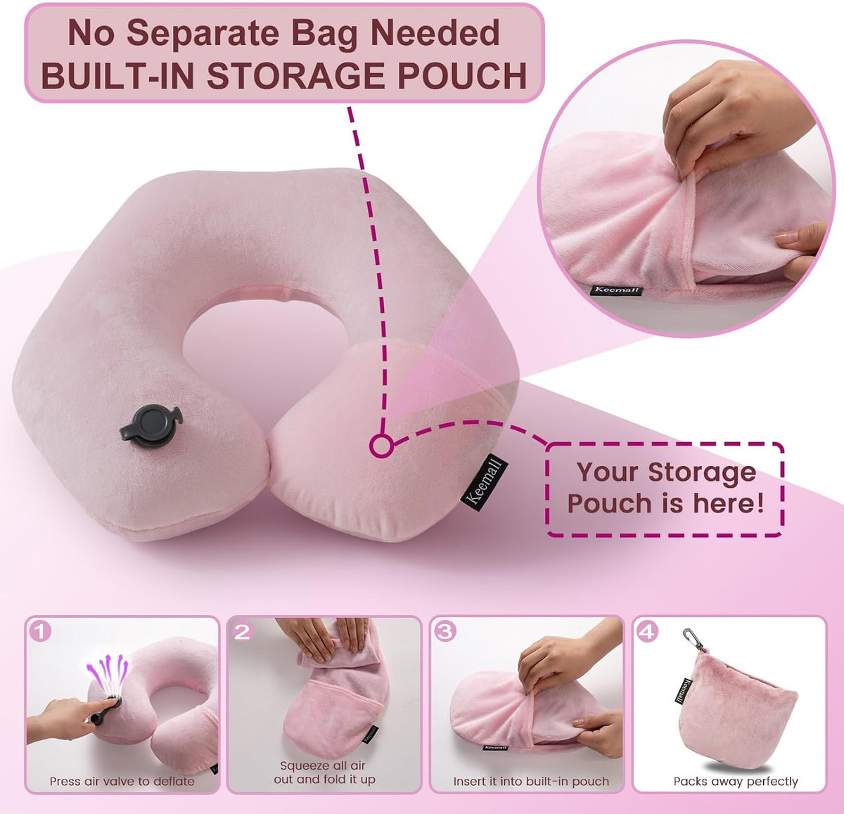 Portable Inflatable Travel Neck Pillow for Airplane, Car & Office