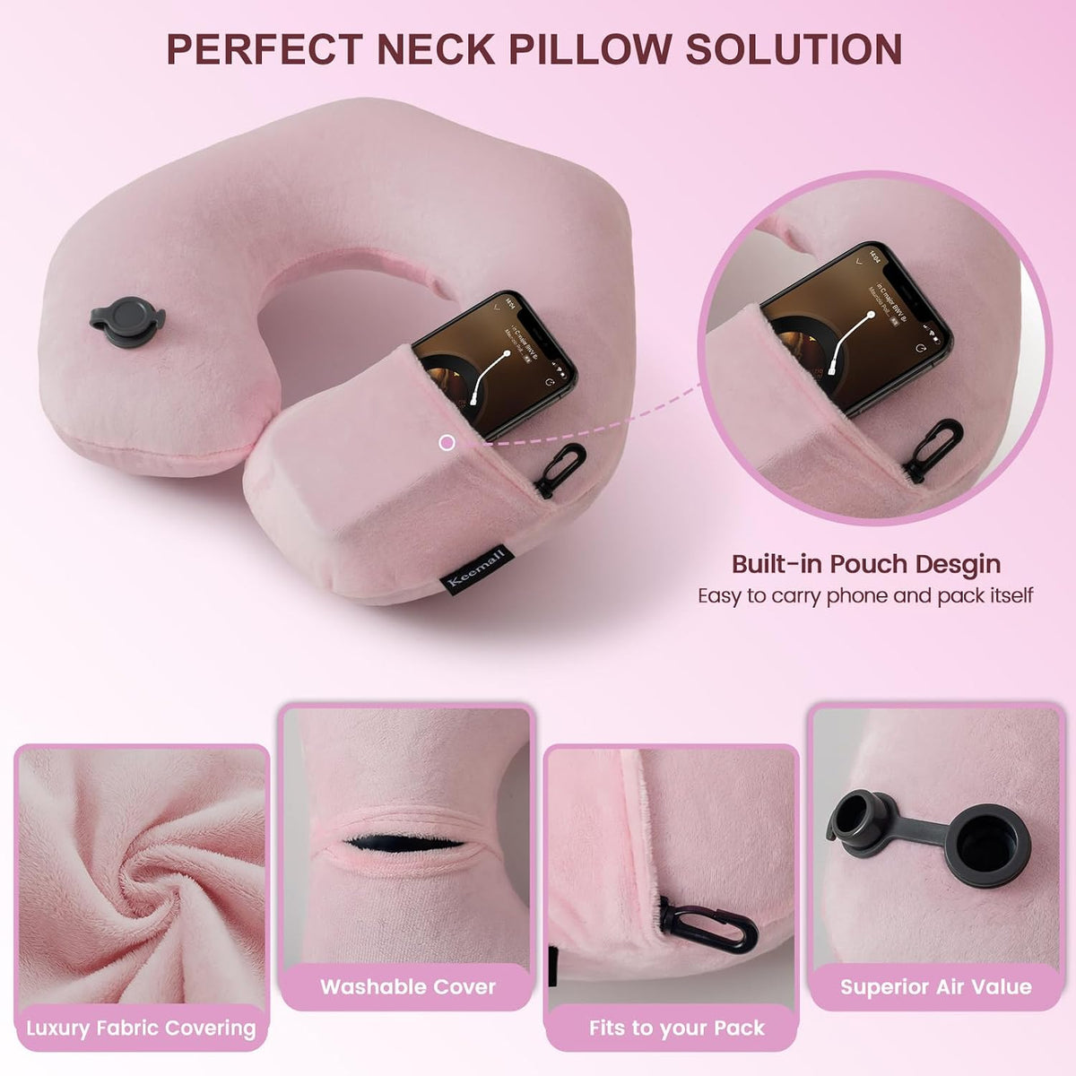 Portable Inflatable Travel Neck Pillow for Airplane, Car & Office