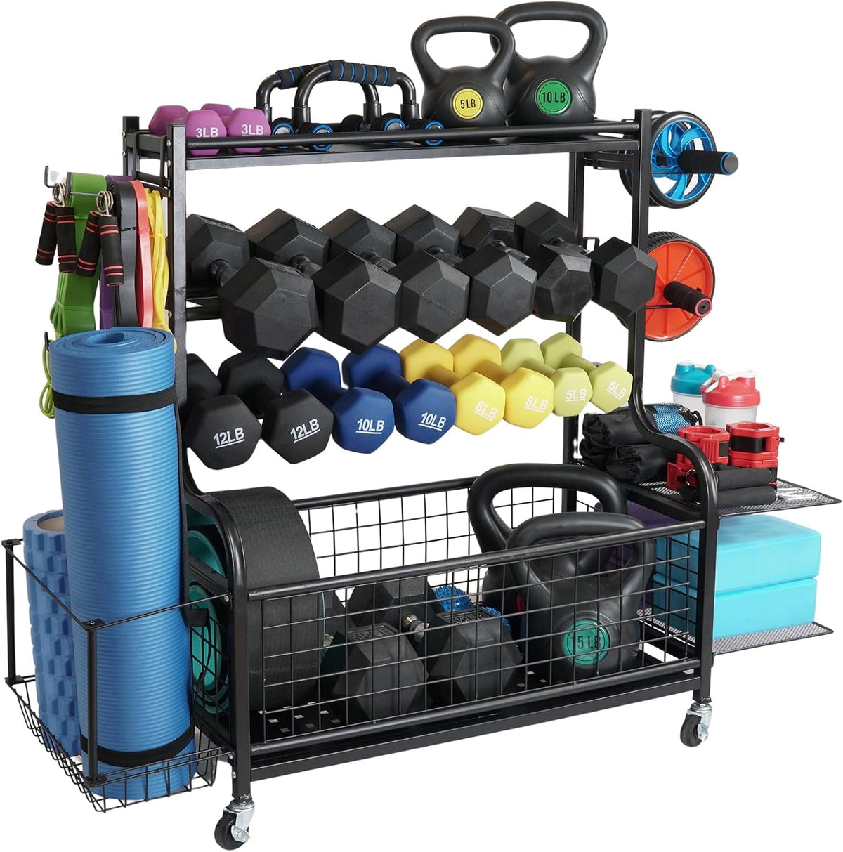 Dumbbell Rack for Home Gym, Heavy Duty Weight Rack for Dumbbells, Adjustable Dumbbell Stand with Storage, 700LB Capacity Gym Equipment Organizer with Wheels