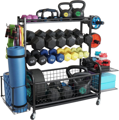 Dumbbell Rack for Home Gym, Heavy Duty Weight Rack for Dumbbells, Adjustable Dumbbell Stand with Storage, 700LB Capacity Gym Equipment Organizer with Wheels