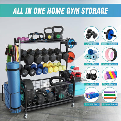 Dumbbell Rack for Home Gym, Heavy Duty Weight Rack for Dumbbells, Adjustable Dumbbell Stand with Storage, 700LB Capacity Gym Equipment Organizer with Wheels