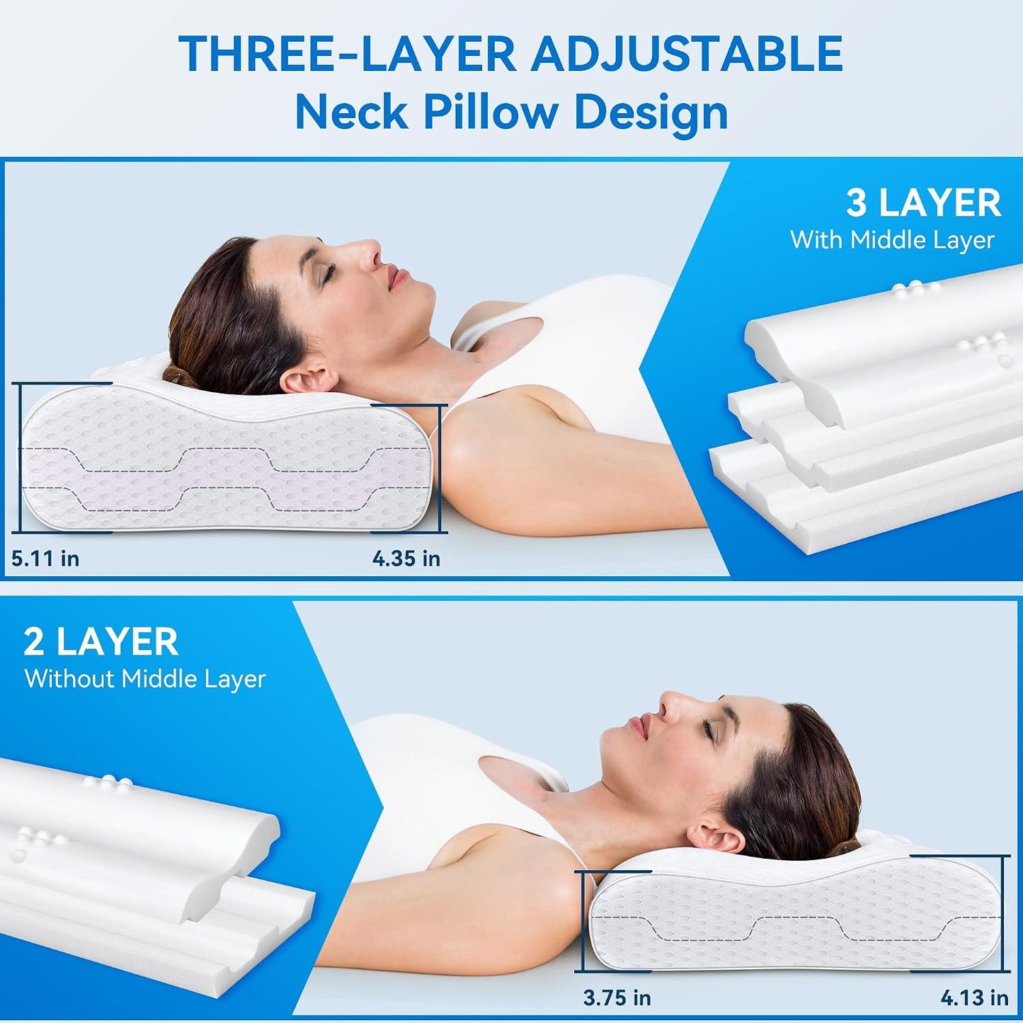 Cervical Neck Pillow for Pain Relief- Queen Size Adjustable Cooling Pillow for Sleeping, Memory Foam Pillows for Neck Shoulder, Ergonomic Contour Bed Pillow for Side, Stomach & Back Sleepers