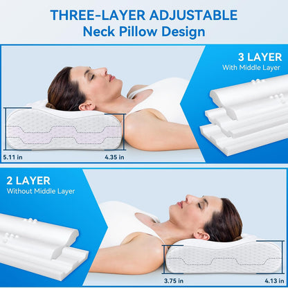 Cervical Neck Pillow for Pain Relief- Queen Size Adjustable Cooling Pillow for Sleeping, Memory Foam Pillows for Neck Shoulder, Ergonomic Contour Bed Pillow for Side, Stomach & Back Sleepers