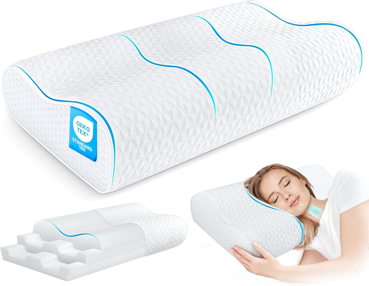 Cervical Neck Pillow for Pain Relief- Queen Size Adjustable Cooling Pillow for Sleeping, Memory Foam Pillows for Neck Shoulder, Ergonomic Contour Bed Pillow for Side, Stomach & Back Sleepers