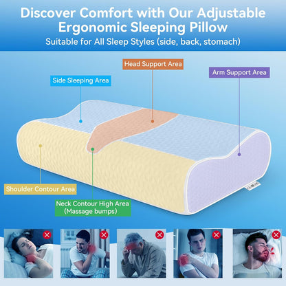 Cervical Neck Pillow for Pain Relief- Queen Size Adjustable Cooling Pillow for Sleeping, Memory Foam Pillows for Neck Shoulder, Ergonomic Contour Bed Pillow for Side, Stomach & Back Sleepers