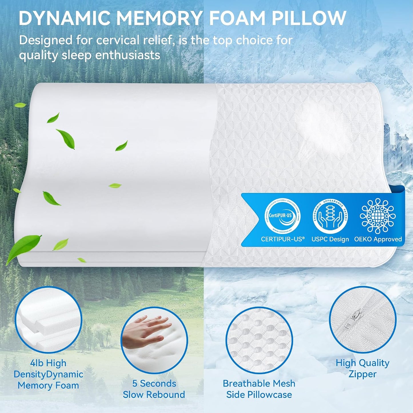 Cervical Neck Pillow for Pain Relief- Queen Size Adjustable Cooling Pillow for Sleeping, Memory Foam Pillows for Neck Shoulder, Ergonomic Contour Bed Pillow for Side, Stomach & Back Sleepers
