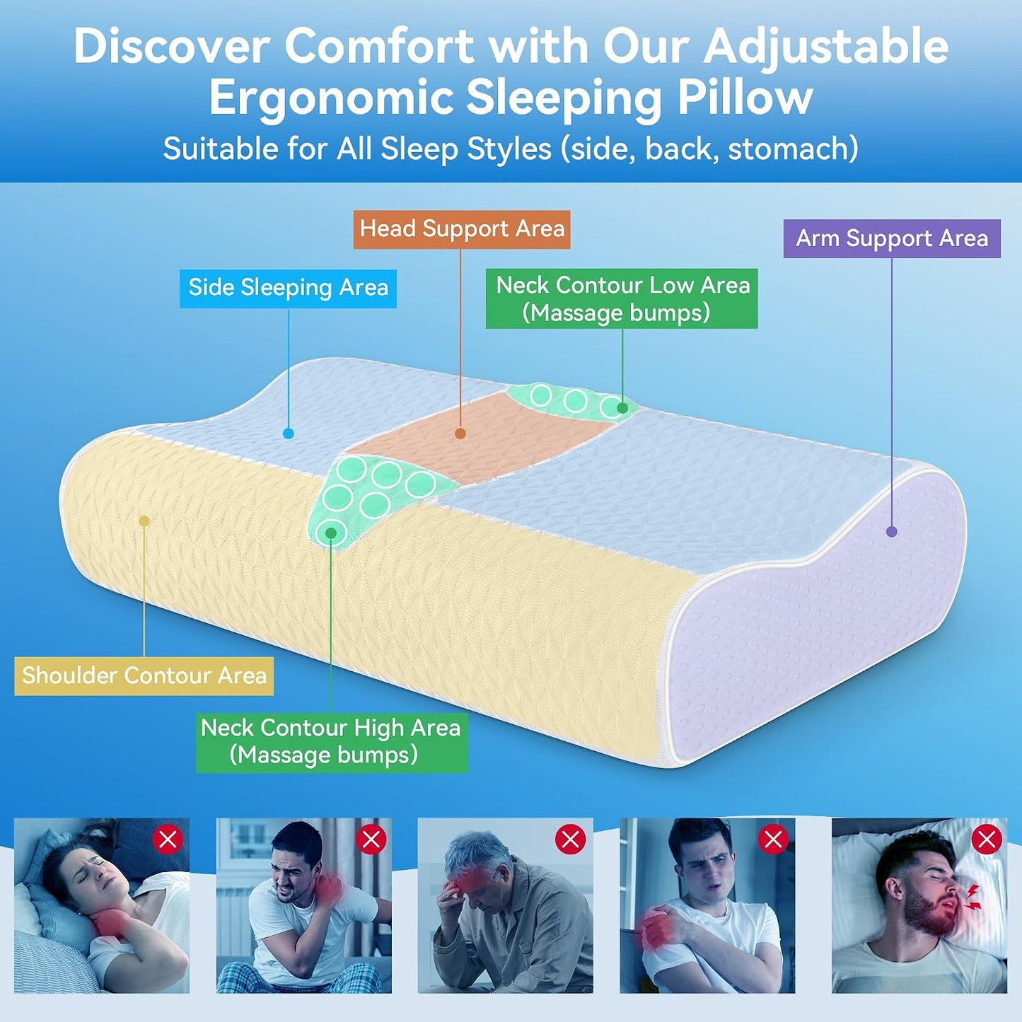 Cervical Neck Pillow for Pain Relief- Queen Size Adjustable Cooling Pillow for Sleeping, Memory Foam Pillows for Neck Shoulder, Ergonomic Contour Bed Pillow for Side, Stomach & Back Sleepers